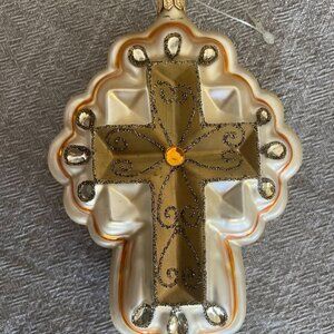 Dillard’s Trimming Hand Blown Glass Christmas Gold Cross Ornament Romania 6"x4"